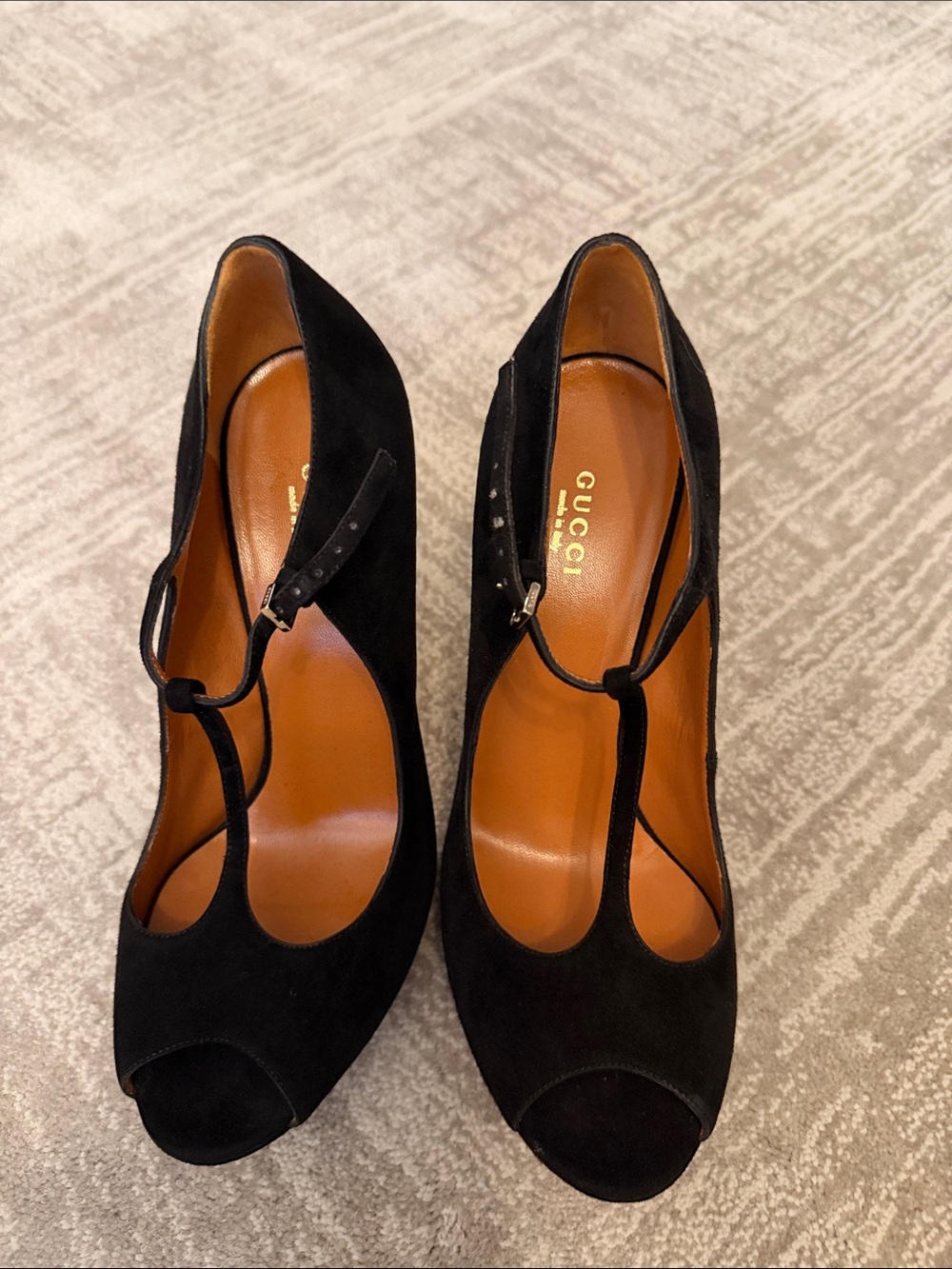 Gucci Black Suede T-Strap Peep-Toe Pumps
